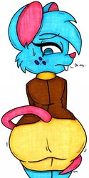  2023 absurd_res anthro ass big_ears blue_body blue_ears blue_eyes blue_freckles blue_fur blue_hair blue_tuft blush blush_lines bodily_fluids bottomwear brown_clothing brown_jacket brown_topwear buckteeth cheek_tuft clothing ellipsis english_text eye_through_hair eyebrow_through_hair eyebrows eyelashes eyelashes_through_hair facial_tuft female freckles fur fur_tuft furgonomics hair hi_res inkyneko jacket long_tail looking_at_own_butt looking_at_viewer looking_back looking_back_at_viewer mammal mia_mouse mouse mouse_ears mouse_tail murid murine no_pupils office_lady oh_my pen_(artwork) pencil_skirt pink_inner_ear pink_nose pink_tail portrait question_mark rear_view rodent round_ears skirt solo sweat sweatdrop tail tail_around_legs tail_around_self tail_through_skirt teeth text three-quarter_portrait three-quarter_view topwear traditional_media_(artwork) translucent translucent_hair tuft yellow_bottomwear yellow_clothing yellow_skirt 