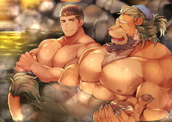  2boys arsalan_(housamo) bara black_hair brown_fur brown_hair closed_eyes closed_mouth duplicate facial_hair furry furry_male furry_with_non-furry halo huge_pectorals interspecies large_pectorals lion_boy looking_at_another male_focus multiple_boys muscular muscular_male nipples onsen open_mouth partially_submerged pectorals short_hair smile tokyo_afterschool_summoners towel towel_on_head wafu_(youzora_samo18) water wet wet_hair yaoi zabaniyya_(housamo) 