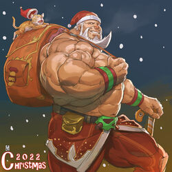  1boy 2022 bara beard christmas facial_hair flexing_pectorals from_side full_beard hat highres itadori_shuu large_pectorals long_beard looking_at_viewer male_focus mature_male moustache muscular muscular_male old old_man original pectorals red_hat santa_claus santa_costume santa_hat short_hair snowing solo strongman_waist thick_arms thick_beard thick_eyebrows thick_mustache thick_thighs thighs topless_male veins veiny_arms wrinkled_skin 