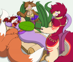  after_transformation anthro blue_eyes breasts brown_body brown_fur canid canine canis careful_what_you_wish_for clothed clothing colored coyote crisstail dragon fanning feeding female food fox fruit fur gender_transformation genie glowing glowing_eyes grape green_body group happy harem_outfit horn hybrid hypnosis legless lying mammal medium_breasts mind_control misunderstanding monkey_paw mtf_transformation multi_tail mythological_creature mythological_scalie mythology open_mouth orange_body orange_fur plant purple_eyes red_body red_fur scalie sequence spiral_eyes tail tan_body tan_fur transformation trio unidentified_species white_body white_fur wings wish wish_twisting 