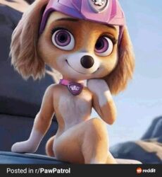  ai_generated armor canid canine collar dog_tags female fluffy_ears gloves_(marking) headgear helmet mammal markings nickelodeon paw_patrol purple_eyes skye_(paw_patrol) solo unknown_artist 