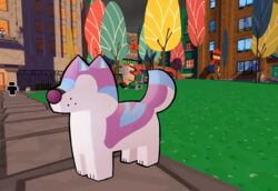  3_toes ambiguous_gender blue_body blue_fur canid canine canis domestic_dog eyeless feet feral fur grass jazzpunk mammal marjani marjani_(character) nude outside plant purple_body purple_fur purple_nose screencap screencap_background solo sparklefur toes tree white_body white_fur 