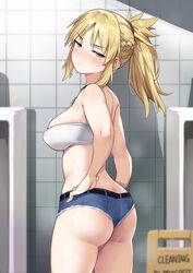  ass bathroom blonde_hair blue_shorts blush braid breasts commentary_request cutoffs denim denim_shorts dripping fate/apocrypha fate/grand_order fate_(series) female green_eyes hair_ornament hair_scrunchie half_up_braid hands_on_own_hips highres mordred_(fate) ponytail red_scrunchie scrunchie short_shorts shorts suggestive_fluid sweatdrop try_(lsc) urinal 