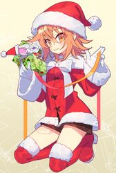  :d ahoge black_shorts boots box breasts christmas closed_mouth command_spell dress fate/grand_order fate_(series) female fujimaru_ritsuka_(female) fujimaru_ritsuka_(female)_(white_christmas) fur-trimmed_dress fur-trimmed_headwear fur_trim gift gift_box hat highres kneeling looking_at_viewer negi_(ulog&#039;be) open_mouth orange_eyes orange_hair red_dress red_footwear red_hat santa_costume santa_dress santa_hat short_hair shorts small_breasts smile solo thigh_boots variant_set 