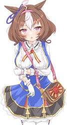  @_@ animal_ears bag between_breasts blush breasts brown_hair buttons chestnut_mouth commentary_request cowboy_shot double-breasted female gloves hair_between_eyes highres horse_ears horse_girl horse_tail kudo_(user_dzch8572) large_breasts long_sleeves medium_breasts meisho_doto_(umamusume) multicolored_hair open_mouth pantyhose purple_eyes shoulder_bag simple_background solo strap_between_breasts streaked_hair tail umamusume white_background white_gloves white_hair white_pantyhose 