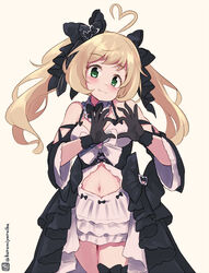  ahoge bare_shoulders black_bow black_dress black_gloves bow brown_background brown_hair closed_mouth clothing_cutout detached_sleeves dress female gloves green_eyes hairbow head_tilt heart heart_ahoge heart_hands idolmaster idolmaster_cinderella_girls kuromiya long_hair long_sleeves navel navel_cutout one-hour_drawing_challenge sato_shin simple_background smile solo standing twintails twitter_username white_dress wide_sleeves 