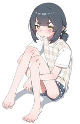  akari_(raigou) bare_legs barefoot blush ear_blush feet female floral_print highres legs original panties panty_peek plaid plaid_shirt pointy_ears print_shorts raigou shadow shirt short_ponytail short_shorts short_sleeves shorts simple_background sitting solo sweatdrop toes underwear upshorts white_background yellow_eyes 