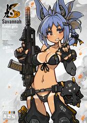  animal_ears assault_rifle bikini black_bikini black_gloves blue_hair breasts commission cowboy_shot english_text female fingerless_gloves front-tie_bikini_top front-tie_top gloves gun halterneck highres holding holding_gun holding_weapon holster looking_at_viewer mask medium_breasts nancou_(nankou) navel orange_eyes original rabbit_ears rifle short_hair solo swimsuit tan tanlines thigh_holster trigger_discipline unworn_mask vhs-d2 weapon 