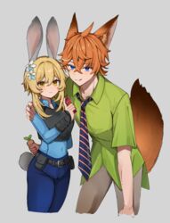  1boy animal_ears blue_eyes commentary_request cosplay female flower fox_ears fox_tail genshin_impact hair_flower hair_ornament highres judy_hopps judy_hopps_(cosplay) kemonomimi_mode kuromu_shado lumine_(genshin_impact) necktie nick_wilde nick_wilde_(cosplay) pepper_spray police police_uniform policewoman rabbit_ears rabbit_tail shirt short_hair short_hair_with_long_locks smile tail tartaglia_(genshin_impact) uniform white_flower zootopia 