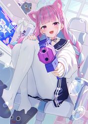  :d ahoge animal_ear_fluff animal_ears blue_choker blue_hair blue_nails blue_sailor_collar blue_skirt blunt_bangs blush braid cat_ears chair choker colored_inner_hair female frilled_sailor_collar frills full_body gaming_chair gun hand_on_own_knee highres holding holding_gun holding_weapon hololive indoors jacket legs_up long_hair long_sleeves looking_at_viewer mei_am0 minato_aqua minato_aqua_(sailor) miniskirt multicolored_hair neko_(minato_aqua) official_alternate_costume on_chair open_clothes open_jacket open_mouth outstretched_arm pantyhose pink_eyes pink_hair pleated_skirt ribbon_choker sailor_collar sitting skirt slippers smile solo streaked_hair swivel_chair twin_braids twintails two-tone_hair virtual_youtuber weapon white_jacket white_pantyhose 