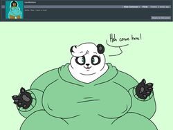  2018 4:3 5_fingers anthro ask_blog batspid2 bear big_breasts black_body black_claws black_eyebrows black_fur black_nose breasts claws clothing dialogue digital_drawing_(artwork) digital_media_(artwork) double_chin ear_markings english_text exclamation_point eyebrow_through_hair eyebrows eyelashes facial_markings female fingers flat_colors front_view fur giant_panda glistening glistening_eyes green_background green_clothing green_eyes green_topwear grey_pawpads hair head_markings hoodie looking_at_viewer mammal markings mask_(marking) multicolored_body multicolored_fur nipple_outline obese obese_anthro obese_female open_mouth overweight overweight_anthro overweight_female pawpads simple_background smile sofia_(batspid2) solo text topwear translucent translucent_hair two_tone_body two_tone_fur white_body white_fur white_hair 