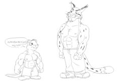  2024 anthro bottomwear brok_the_investigator clothing cowcat_games dr._hush dr._mink duo english_text felid feline hi_res humanoid_hands lynx male mammal mandofeovg mink monochrome muscular muscular_male mustelid musteline nipples pants size_difference text true_musteline 