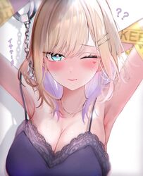  ? arm_behind_head arms_up blonde_hair blue_eyeshadow blush breasts caution_tape cleavage cuffs eyeshadow facial_tattoo female hair_ornament hairclip handcuffs heart heart_in_eye heart_tattoo highres jewelry kurumi_noah lingerie lips makeup medium_breasts necklace one_eye_closed sanada_nagi solo symbol_in_eye tattoo underwear upper_body virtual_youtuber vspo! 