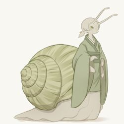  4_arms antennae_(anatomy) asian_clothing blush clothing east_asian_clothing featureless_hands female gastropod gastropod_shell green_clothing green_eyes green_shell hair japanese_clothing kimono looking_at_viewer membrane_(anatomy) mollusk mollusk_shell multi_arm multi_limb pale_skin shell short_hair simple_background snail solo tail tateoftot taur twintails white_background white_body white_hair white_skin 