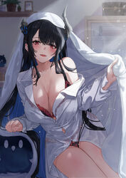  alternate_costume asymmetrical_horns black_hair black_horns blanket blue_hair blush bra breasts collared_shirt colored_inner_hair commentary demon_horns dress_shirt english_commentary female highres hololive hololive_english horns indoors jailbird_(nerissa_ravencroft) kinoko_(shikimylove) large_breasts leaning_to_the_side lens_flare light_rays long_hair long_sleeves looking_at_viewer mixed-language_commentary mole mole_on_thigh mole_under_eye multicolored_hair navel nerissa_ravencroft no_pants off_shoulder panties parted_lips partially_unbuttoned plant potted_plant red_bra red_eyes red_panties shelf shirt single_bare_shoulder sitting solo sunbeam sunlight under_covers underwear uneven_horns very_long_hair virtual_youtuber white_shirt 