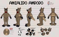  2024 3_fingers 3_toes amialido_amdodo amialido_amdodo_(copyright) anthro armadillo black_nose bow_tie bow_tie_only brown_body emanata english_text feet fingers gesture hand_gesture hi_res lendri_mujina male mammal markings middle_finger model_sheet mostly_nude rock_paper_scissors rolling roshambo solo striped_markings stripes text toes turnaround xenarthran 