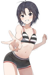  antenna_hair bikini black_eyes black_hair black_shorts collarbone cowboy_shot female flat_chest grin idolmaster idolmaster_(classic) kikuchi_makoto looking_at_viewer mogskg short_shorts shorts smile solo standing striped_bikini striped_clothes swimsuit teeth twitter_username v 