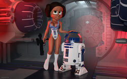  1boy 1girls 3d a_new_hope bare_shoulders barefoot big_breasts boots brown_hair busty cleavage cosplay curvy detailed_background droid duo eyelashes female femlae front_view green_eyes gun hair_bun hand_on_head holding_object hourglass_figure human kondaspeter leotard looking_at_viewer male pose posing princess_leia_organa r2-d2 ranged_weapon robot shadow shiny shiny_skin short_hair skimpy spread_legs spreading standing star_wars straight swimsuit swimwear tantive_iv thong tied_hair vivi_(kondaspeter) voluptuous weapon wide_hips 