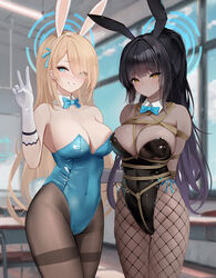  2girls absurdres animal_ears aqua_leotard arms_behind_back asuna_(blue_archive) asuna_(bunny)_(blue_archive) awaji black_hair black_leotard blue_archive blue_bow blue_bowtie blue_eyes bondage bondage bondage bound bound_arms bow bowtie breasts brown_pantyhose classroom commentary_request covered_navel cowboy_shot crotch_rope dark-skinned_female dark_skin desk detached_collar fake_animal_ears fake_tail fishnet_pantyhose fishnets gloves hair_over_one_eye halo highleg highleg_leotard highres indoors karin_(blue_archive) karin_(bunny)_(blue_archive) large_breasts leotard light_brown_hair long_hair looking_at_viewer multiple_girls official_alternate_costume pantyhose playboy_bunny purple_hair rabbit_ears rabbit_tail restrained school_desk shibari_over_clothes smile standing strapless strapless_leotard tail thigh_gap thighband_pantyhose traditional_bowtie v very_long_hair white_gloves window yellow_eyes 