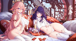  2girls animal_ears bare_shoulders blush braid breast_curtain breasts detached_sleeves earrings fox_ears garter_straps genshin_impact hair_between_eyes hair_ornament jewelry large_breasts long_hair looking_at_viewer matching_outfits meme_attire mitsu_(mitsu_art) mole mole_under_eye multiple_girls paid_reward_available panties parted_lips pink_hair purple_eyes purple_hair raiden_shogun ribbed_panties ribbed_sleeves ribbed_sweater ribbed_thighhighs sleeveless sleeveless_turtleneck sweater thick_thighs thighhighs thighs turtleneck turtleneck_sweater underwear variant_set virgin_destroyer_sweater white_garter_straps white_panties yae_miko 