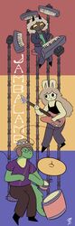  1:3 2024 absurd_res alligator alligatorid ambiguous_gender anthro band bovid caprine clothed clothing crocodilian digital_media_(artwork) female group hi_res jambalamb lagomorph leporid mammal musical_instrument rabbit reptile scalie sheep simple_background smile thegunkster trio 