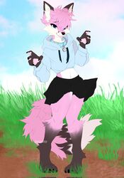  2023 anthro blep blue_eyes bottomwear canid canine clothed clothing cloud day detailed_background digital_media_(artwork) dipstick_ears ear_markings femboy fox front_view fully_clothed fur grass hi_res inner_ear_fluff leg_markings male mammal markings midriff multicolored_ears outside pink_body pink_fur pjfox_(character) plant skirt sky socks_(marking) solo spraykitty tongue tongue_out tuft white_body white_fur 