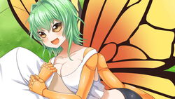  1boy antennae arm_hug artist_request bike_shorts blush breasts butterfly_girl chitin compound_eyes crop_top extra_arms female flare_(monster_musume) game_cg grass green_hair hair_intakes insect_wings medium_breasts medium_hair midriff monster_musume_no_iru_nichijou monster_musume_no_iru_nichijou_online official_art open_mouth tank_top white_tank_top wings yellow_eyes 