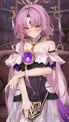  absurdres bare_shoulders blurry blurry_background blush book bookshelf bow-shaped_hair brown_eyes chest_jewel closed_mouth commentary_request constellation_print couch dress female forehead_jewel fu_xuan_(honkai:_star_rail) hair_ornament hair_stick highres holding_own_arm honkai:_star_rail honkai_(series) long_hair looking_at_viewer low_twintails oreazu parted_bangs partial_commentary purple_hair sleeveless solo strapless strapless_dress too_many too_many_books twintails upper_body 