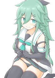  akara_kai bare_shoulders black_gloves black_panties black_ribbon black_serafuku black_skirt black_thighhighs blush braid breasts collarbone elbow_gloves female gloves green_eyes green_hair green_neckerchief green_ribbons hair_between_eyes hair_flaps hair_ornament hair_ribbon hairclip highres kantai_collection lifting_own_clothes long_hair looking_at_viewer medium_breasts neckerchief panties pleated_skirt ponytail ribbon ribbon_panties sailor_collar school_uniform serafuku side_braids simple_background sitting skirt solo thighhighs twin_braids underwear wariza white_background white_sailor_collar yamakaze_(kancolle) yamakaze_kai_ni_(kancolle) 