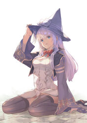  black_thighhighs blue_eyes breasts fantasy_earth_zero female gloves half_gloves hand_on_headwear hat high_heels highres long_hair looking_at_viewer purple_hair ryouku simple_background sitting small_breasts solo sorcerer_(binoche_outfit)_(fantasy_earth_zero) sorcerer_(fantasy_earth_zero) thighhighs wariza white_background witch_hat 