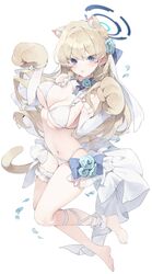  absurdres animal_ear_fluff animal_ears animal_hands bikini blonde_hair blue_archive blue_bow blue_eyes blue_flower blue_halo blue_ribbon blue_rose bouncing_breasts bow breasts cat_ears cat_tail detached_sleeves female flower full_body gloves hair_flower hair_ornament halo hands_up highres kemonomimi_mode long_hair looking_at_viewer medium_breasts meunhongcha navel neck_ribbon paw_gloves paw_pose petals ribbon rose showgirl_skirt skirt solo swimsuit tail toki_(blue_archive) unaligned_breasts white_background white_bikini white_skirt white_sleeves 