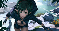  bikini bikini_top_only black_gloves breasts crop_top cutoffs female fingerless_gloves gloves green_eyes green_hair highres hood hood_down indy_k long_hair looking_at_viewer medium_breasts navel original outdoors pointy_ears shorts solo swimsuit white_bikini 