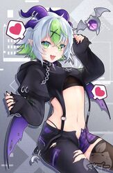  apricot_the_lich apricot_the_lich_(8th_costume) black_hoodie black_nails black_pants black_thighhighs breasts cropped_hoodie demon_girl demon_horns demon_wings dotmango female fishnet_top fishnets green_eyes green_hair hair_ornament heart highleg highleg_panties hood hoodie horns medium_breasts multicolored_hair nail_polish navel open_fly panties pants pointy_ears short_hair single_thighhigh smile spoken_heart streaked_hair thighhighs torn_clothes torn_pants underwear virtual_youtuber vshojo wings x_hair_ornament 