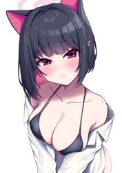  :&lt; absurdres alternate_costume animal_ears black_hair blue_archive blunt_bangs blush breasts cat_ears cleavage closed_mouth collarbone collared_shirt colored_inner_animal_ears colored_inner_hair commentary_request female halo highres kazusa_(blue_archive) large_breasts leaning_forward looking_at_viewer metaljelly multicolored_hair off_shoulder partially_unbuttoned pink_hair pink_halo red_eyes shirt short_hair simple_background solo upper_body white_background white_shirt 