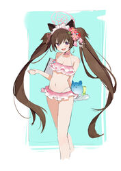  absurdres akita-kun animal_ears arm_behind_back bikini blue_archive blue_background blush border breasts brown_hair choker cleavage collarbone commentary cropped_legs fake_animal_ears female flower food frilled_bikini frills hair_flower hair_ornament hair_ribbon highleg highleg_bikini highres holding holding_tray kanzashi long_hair looking_at_viewer maid_headdress medium_breasts navel oerba_yun_fang official_alternate_costume open_mouth pink_bikini pink_choker purple_eyes ribbon shaved_ice shizuko_(blue_archive) shizuko_(swimsuit)_(blue_archive) skin_fang skindentation small_breasts solo stomach swimsuit tray twintails very_long_hair white_border white_headdress 