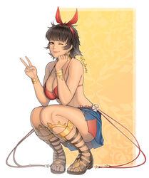  bikini bikini_top_only blue_skirt bow_hairband bracelet breasts brown_eyes brown_hair cleavage commentary earrings english_commentary erodrunky female full_body gladiator_sandals gold_choker hairband highres hoop_earrings jewelry josie_rizal large_breasts legs_together looking_at_viewer one_eye_closed pigeon-toed red_bikini red_hairband sandals short_hair skirt solo spaghetti_strap squatting strap_gap swimsuit tekken tekken_7 toes twitter_username v 