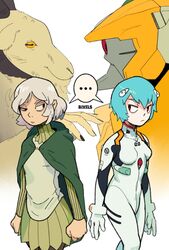  ... 1boy arms_at_sides artist_name ayanami_rei bags_under_eyes bixelswixels blue_hair bodysuit breasts cloak closed_mouth commentary cowboy_shot crossover dungeon_meshi elf english_commentary eva_00 evangelion_(mecha) female frown goat_(dungeon_meshi) gorget green_cloak grey_hair hairpods highres hood hood_down hooded_cloak horizontal_pupils interface_headset long_sleeves looking_at_another mecha mithrun neon_genesis_evangelion notched_ear one-eyed pants pilot_suit plugsuit pointy_ears red_eyes robot science_fiction short_hair simple_background spoilers spoken_ellipsis trait_connection tunic uneven_eyes uniform white_background white_bodysuit yellow_eyes 