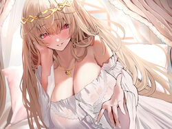  bare_shoulders bed blonde_hair blush breasts commission curtains detached_sleeves dress dutch_angle female gold_necklace hair_between_eyes hand_on_own_face head_chain highres huge_breasts jewelry lingerie long_hair long_sleeves looking_at_viewer necklace nightgown oreazu original outstretched_arm parted_lips pillow red_eyes seductive_smile skeb_commission smile solo strapless strapless_dress tiara underwear very_long_hair white_nightgown white_sleeves 