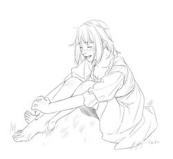  ^_^ bare_legs barefoot breasts cleavage closed_eyes crossed_ankles dorsiflexion dress dungeon_meshi english_commentary falin_touden falin_touden_(tallman) feet female frills from_side full_body grass happy highres hugging_own_legs knees_up legs mixed-language_commentary monochrome on_ground short_hair simple_background sitting sleeves_past_elbows smile solo toenails toes tsy 