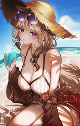  absurdres animal_ears aqua_nails arknights bikini blue_sky braid breasts brown_bikini brown_hat cleavage commentary commission crazy_straw day drink drinking drinking_straw eyewear_on_head female fingernails hair_ornament hair_over_shoulder hairclip hat highres holding holding_drink large_breasts light_brown_hair long_fingernails long_hair nail_polish off_shoulder official_alternate_costume outdoors purple-tinted_eyewear purple_eyes rau_ma_(the_rauma001) sand signature sitting sky solo straw_hat striped_bikini striped_clothes sun_hat sunglasses swimsuit thighs tinted_eyewear utage_(arknights) utage_(summer_flowers)_(arknights) water watermark 