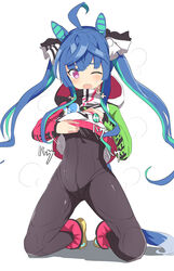  absurdres ahoge animal_ears ankle_boots aqua_hair black_bodysuit black_ribbon blue_hair bodysuit boots coat coat_lift commentary crossed_bangs female full_body hair_ribbon highres hood hood_down hooded_coat horse_ears horse_girl horse_tail kneeling lifting_own_clothes long_hair long_sleeves looking_at_viewer motion_lines multicolored_coat multicolored_hair one_eye_closed purple_eyes ribbon shadow sharp_teeth sidelocks solo steam stuffed_animal stuffed_rabbit stuffed_toy sweat tail teeth translated twin_turbo_(umamusume) twintails two-tone_hair umamusume very_long_hair wood_pump yellow_footwear 