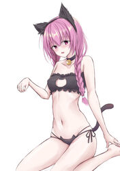  absurdres animal_ear_fluff animal_ears arm_at_side bare_arms bell black_choker black_panties blush braid breasts cat_ears cat_lingerie cat_tail choker collarbone commentary_request fake_animal_ears fake_tail female grey_background hair_between_eyes hand_up highres jingle_bell knees_out_of_frame long_hair looking_at_viewer low_twin_braids meme_attire midriff mitsukasa_ayase mkn_yu navel neck_bell oerba_yun_fang official_alternate_hairstyle open_mouth panties paw_pose pink_hair purple_background purple_eyes riddle_joker side-tie_panties simple_background sitting skin_fang small_breasts smile solo stomach tail tsurime twin_braids underwear underwear_only wariza 