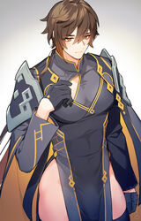  1boy alternate_costume armor black_dress black_gloves brown_hair china_dress chinese_clothes closed_mouth clothing_cutout crossdressing dress genshin_impact gloves hair_between_eyes long_hair long_sleeves male_focus meiji_(meiji770) multicolored_hair orange_eyes shoulder_armor solo thighhighs zhongli_(genshin_impact) 