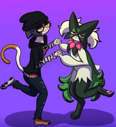  absurd_res anthro artist_name crossover domestic_cat duo epic_games feet felid feline felis female fortnite frizzmake generation_9_pokemon hand_holding hi_res looking_at_viewer mammal meow_skulls_(fortnite) meowscarada nintendo paws pink_eyes pokemon pokemon_(species) purple_background simple_background tail yellow_eyes 