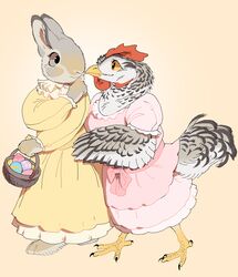  anthro avian avian_caruncle beak bird chicken clothed clothing comb_(anatomy) dewlap_(anatomy) dress duo easter entitycore female galliform gallus_(genus) head_crest holidays lagomorph leporid mammal phasianid rabbit winged_arms wings 