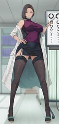  bare_shoulders black_thighhighs blush breasts brown_eyes brown_hair coat commentary_request duplicate eye_chart female full_body garter_straps hair_behind_ear hand_on_own_hip highres holding holding_pointer impossible_clothes impossible_shirt indoors kesoshirou lab_coat landolt_c large_breasts legs_apart long_sleeves looking_at_viewer mask mask_pull miniskirt mouth_mask off_shoulder original parted_lips pencil_skirt pointer purple_eyes sandals shirt short_hair side_slit single_garter_strap skirt sleeveless sleeveless_turtleneck sleeves_rolled_up solo standing surgical_mask thighhighs thighs tiptoes turtleneck white_coat 