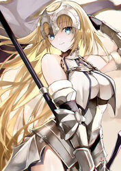  absurdres armor armored_dress blonde_hair blue_eyes breast_curtains breasts chains collar dress fate/apocrypha fate/grand_order fate_(series) faulds female flag gauntlets headpiece highres jeanne_d&#039;arc_(fate) jeanne_d&#039;arc_(ruler)_(fate) jeanne_d&#039;arc_(third_ascension)_(fate) kino_kokko large_breasts long_hair looking_at_viewer metal_collar plackart polearm smile solo sword very_long_hair weapon white_dress 