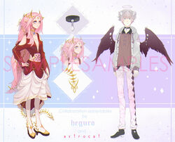  1boy adoptable angel_wings argyle_clothes argyle_pants artist_name astrocatsama bare_shoulders black_choker black_footwear black_nails black_wings blue_eyes boots breasts brown_vest buttons center_opening choker clothing_cutout collaboration collaboration_request collarbone commentary crystal diamond_choker dragon_horns dragon_tail dress english_commentary english_text eyelashes feathered_wings female full_body gold_choker gold_horns grey_hair grey_halo grey_jacket grey_sleeves halo high_heel_boots high_heels hood hood_down hooded_jacket horns jacket knee_boots laurel_crown light_frown long_hair long_sleeves medium_breasts medium_dress multiple_views nail open_clothes open_jacket original pants parted_lips pink_hair purple_background red_dress red_sleeves reference_sheet sample_watermark short_hair shoulder_cutout sleeves_past_wrists smile sparkle sweater_vest tail two-tone_background very_long_hair vest watermark white_background white_footwear white_pants wings 