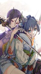  2girls blue_eyes blue_hair blue_kimono bodysuit boros_(ouro_kronii) breasts chains commentary_request fate/grand_order fate_(series) floral_print flower fur_scarf hair_flower hair_ornament head_wings headpiece highres holding holding_sword holding_weapon hololive hololive_english japanese_clothes kanzashi kimono large_breasts laurels long_hair long_sleeves looking_at_viewer minamoto_no_raikou_(fate) mouchu multicolored_clothes multicolored_kimono multiple_girls ouro_kronii ouro_kronii_(new_year) print_kimono puffy_long_sleeves puffy_sleeves purple_bodysuit purple_hair short_hair simple_background skin_tight smile snake sword thighhighs upper_body virtual_youtuber weapon white_background white_kimono white_snake white_thighhighs wings 