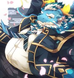  1boy absurdres animal_ear_fluff aqua_hair aqua_skin bara beard belly chest_hair coat dragon_boy dragon_horns egasumi facial_hair falling_petals fat fat_man full_beard furry furry_male highres horns huge_eyebrows inoshika_(boar_stag144) long_mustache looking_at_viewer loose_necktie male_focus mature_male moustache multicolored_hair necktie open_clothes open_coat petals qinglong_(housamo) shirt solo striped_necktie tokyo_afterschool_summoners two-tone_beard two-tone_hair white_hair white_shirt yellow_eyes 